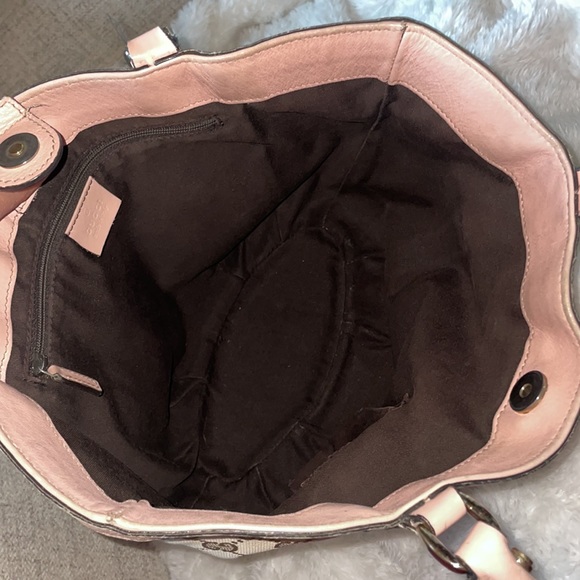 š„³HPš„³ Gucci GG pink bubble gum and tan canvas small leather trim tote bag - Picture 5 of 16